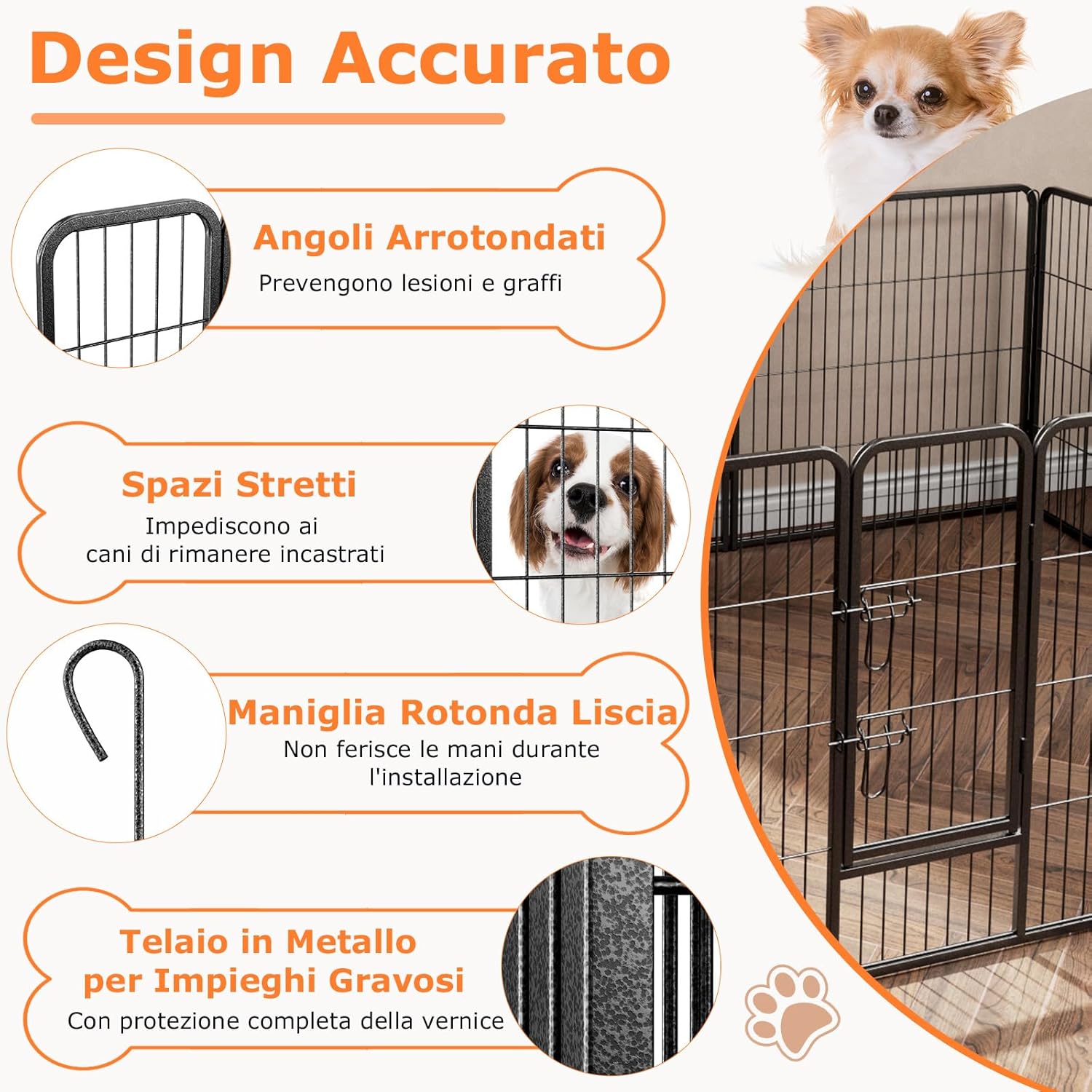 Recinto per Cani Interno ed Esterno, 8 Pannelli Altezza 60/80 CM Recinzione per Piccoli/Medi Animali/Coniglio/Gatto, Cancelletto Portatile Pieghevole con Porta (190 x 80 cm)