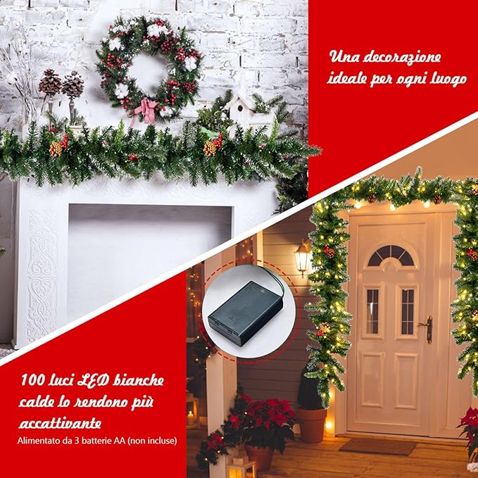 Ghirlanda di Natale di Pino Illuminata 270 cm, Ghirlanda Artificiale in Rattan di Natale con 100 luci LED, Ghirlanda Decorativa Illuminata con Timer, Ideale per Uso Interno ed Esterno