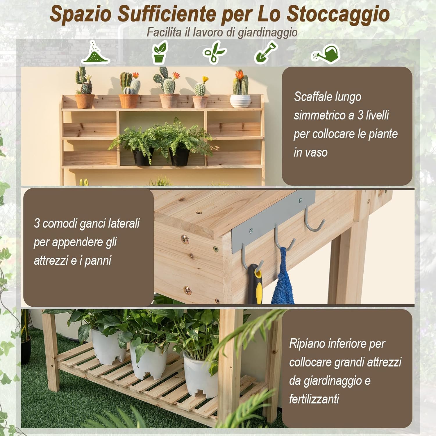 Tavolo da Lavoro per Giardinaggio con Tavolo Apribile, Scaffale, Ganci e Ripiano, Tavolo da Lavoro per Giardino, Patio e Cortile, Portata 151 kg, 110 x 50 x 153 cm