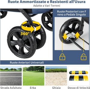 Passeggino per Cani Pieghevole, Carrello a 4 Ruote per Animali Domestici Piccoli e Medi, Trasportino Portatile con Ruote, Lucernario e Tasche, Chiusura Rapida (Blu)