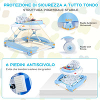 Girello per Bambini 6 in 1, Primi Passi per Neonati con Altezza Regolabile, Sedia a Dondolo per Bambini, Girello Pieghevole con Vassoio Musicale, Cuscino, per Bambini 6+ Mesi (Blu)