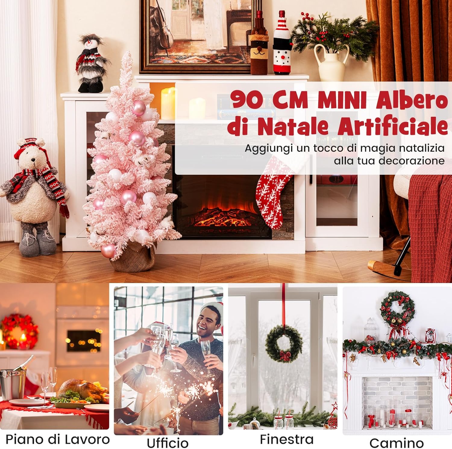 Albero di Natale Artificiale Mini 90 cm, Albero di Natale Innevato da Tavolo con 12 Palline di Cotone Naturale, 24 Palline Decorative e Rami Imbiancati, Decorazione per Feste (Rosa)