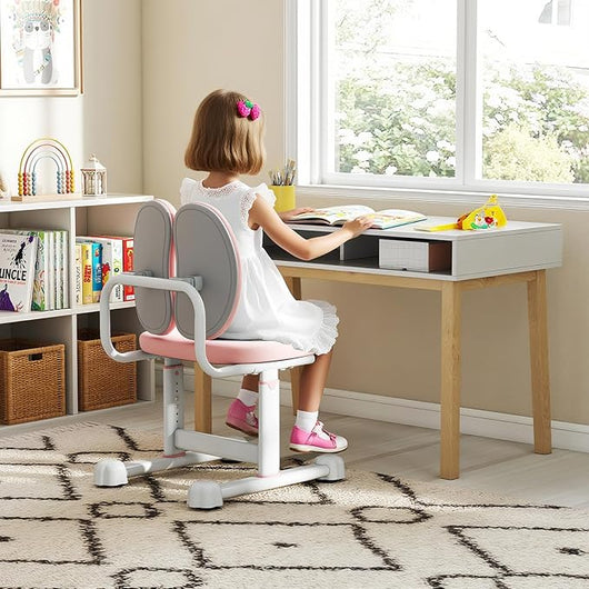 Sedia da Scrivania per Bambini 3+ Anni, Sedia Imbottita per Studiare con Doppio Supporto Lombare e Altezza Regolabile, Chair da Compiti per Casa e Scuola, Portata 100 kg (Rosa)