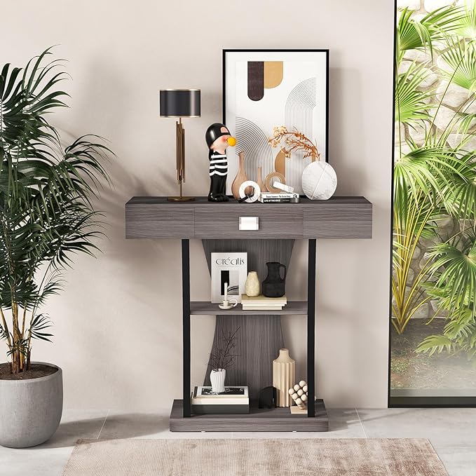 Tavolo Consolle in Legno, Tavolo Ingresso con Cassetti, Ripiani e 2 Kit Anti-ribaltamento, Tavolo Multiuso e Salvaspazio per Salotto, Camera da Letto e Corridoio, 91 x 30 x 88 cm (Grigio)