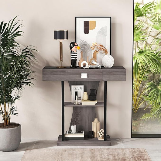 Tavolo Consolle in Legno, Tavolo Ingresso con Cassetti, Ripiani e 2 Kit Anti-ribaltamento, Tavolo Multiuso e Salvaspazio per Salotto, Camera da Letto e Corridoio, 91 x 30 x 88 cm (Grigio)