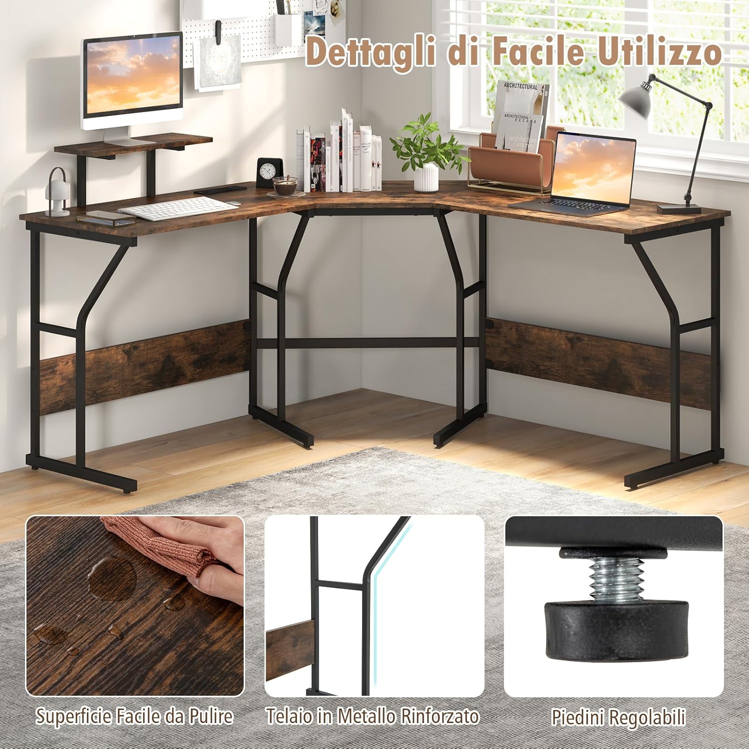 Scrivania ad Angolo a Forma di L con Presa Elettrica, Scrivania Angolare per Computer con Supporto Monitor Movibile, 225cm Postazione da Lavoro per 2 Persone per Lavoro e Gioco (Marrone)