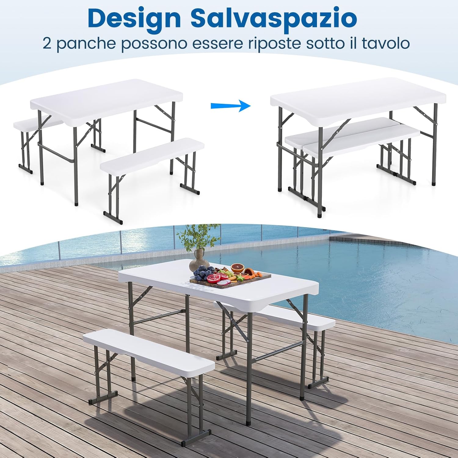 Tavolo e Sedie da Giardino, Set Tavolo da Picnic Pieghevole con 2 Panchine, Piano in HDPE, Struttura in Metallo, Tavolo da Picnic per 4 Persone, 108 x 60 x 70 cm