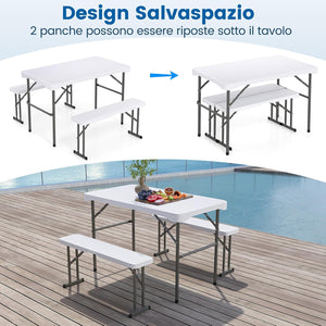 Tavolo e Sedie da Giardino, Set Tavolo da Picnic Pieghevole con 2 Panchine, Piano in HDPE, Struttura in Metallo, Tavolo da Picnic per 4 Persone, 108 x 60 x 70 cm