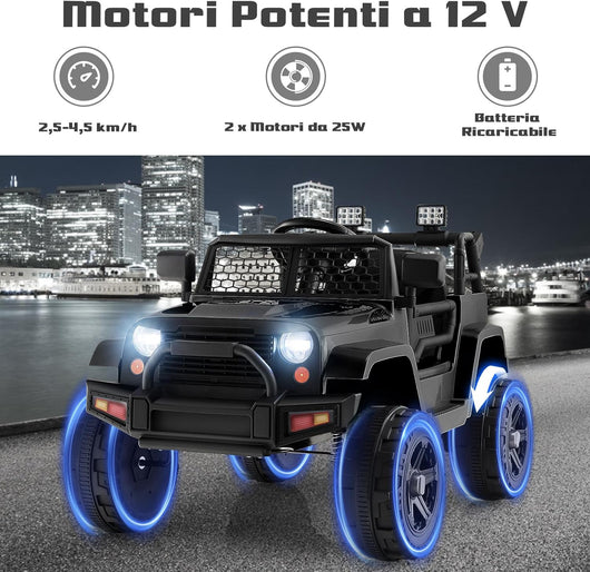 12V Auto per Bambini con Telecomando, Macchina Elettrica con Fari Luminosi, Musica, Porta USB e Aux, Velocità 2,5-4,5 km/h, Regalo per Bambini 3-7 Anni (Nero)