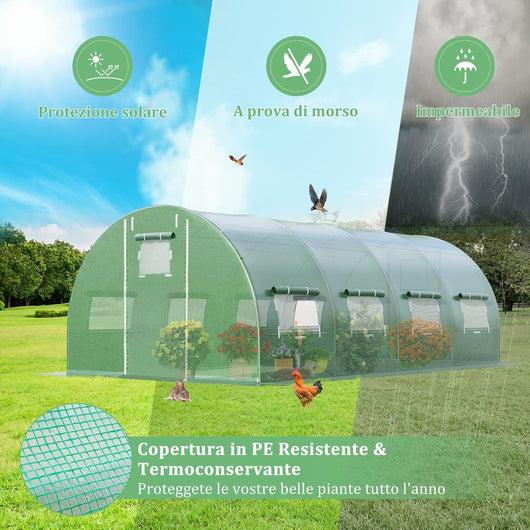 Serra da Giardino 600 x 300 x 200 cm, Serra Tunnel per Orto e Piante con Copertura Resistente, Struttura Robusta in Acciaio Zincato, 10 Finestre Avvolgibili e 2 Porte con Cerniera