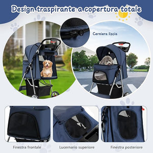 Passeggino per Cani Piccoli Pieghevole, Fino a 15 kg, Ruote 360° con Freni, Cuscino, Porta Doppio, Finestre, Cestino, Portabicchieri, Carrozzina Portatile (Blu)