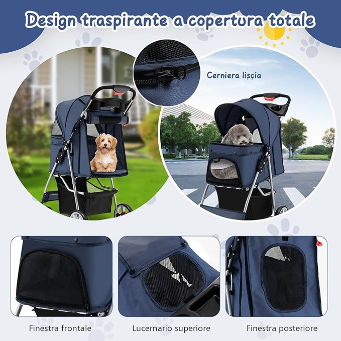 Passeggino per Cani Piccoli Pieghevole, Fino a 15 kg, Ruote 360° con Freni, Cuscino, Porta Doppio, Finestre, Cestino, Portabicchieri, Carrozzina Portatile (Blu)