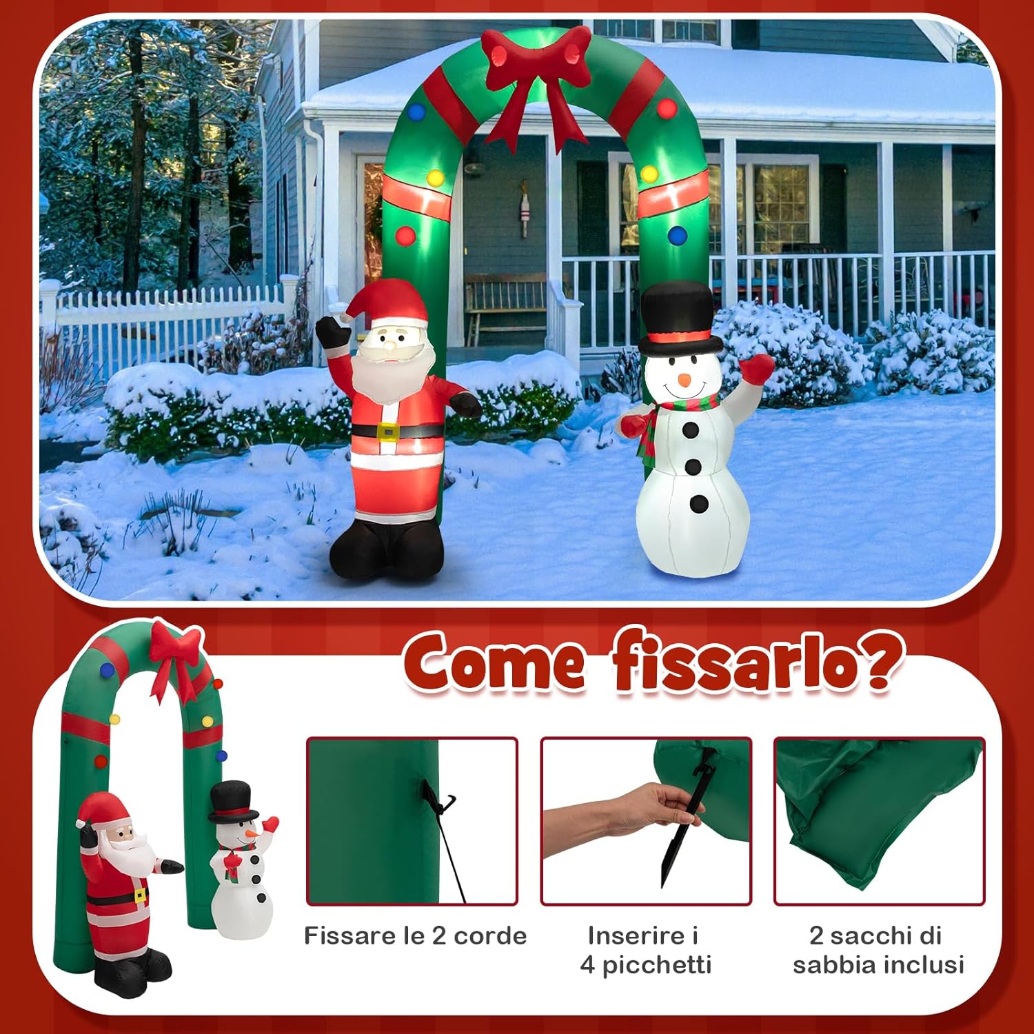 Arco di Natale Gonfiabile 245 cm, Decorazione Gonfiabile da Esterno con Babbo Natale e Pupazzo di Neve, con Luci LED Brillanti e Soffiatore Integrato, Decorazione di Benvenuto per Festa