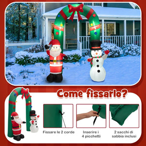 Arco di Natale Gonfiabile 245 cm, Decorazione Gonfiabile da Esterno con Babbo Natale e Pupazzo di Neve, con Luci LED Brillanti e Soffiatore Integrato, Decorazione di Benvenuto per Festa