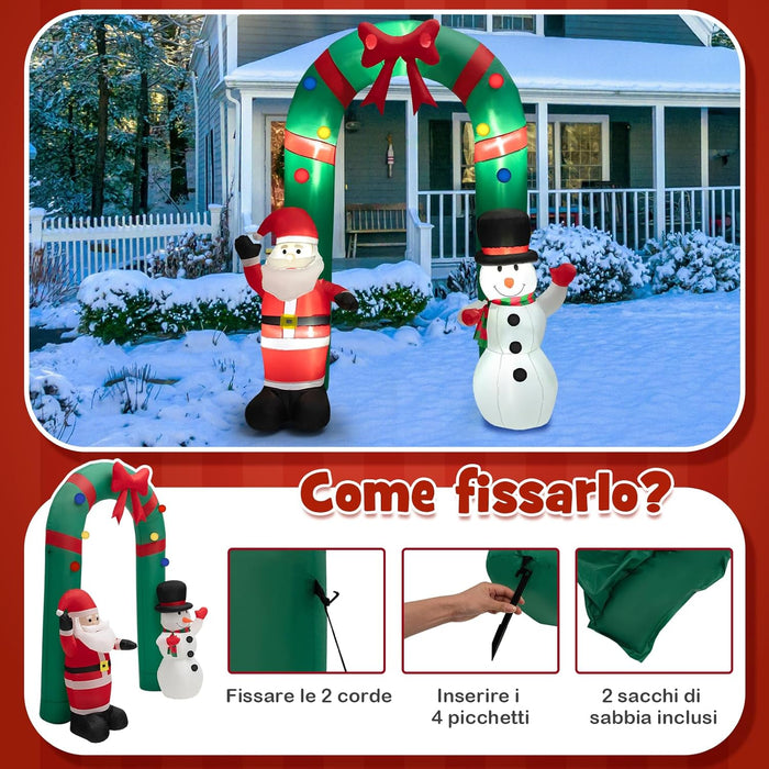 Arco di Natale Gonfiabile 245 cm, Decorazione Gonfiabile da Esterno con Babbo Natale e Pupazzo di Neve, con Luci LED Brillanti e Soffiatore Integrato, Decorazione di Benvenuto per Festa