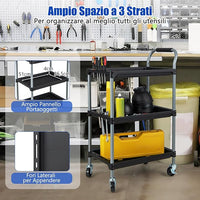 Carrello Utensili a 3 Strati, Carrello Porta Attrezzi con Manico Imbibito e Ruote Universali Bloccabili per Garage, Magazzino, Officina e Cucina, Portata 45 kg, 64 x 40 x 102 cm
