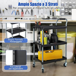 Carrello Utensili a 3 Strati, Carrello Porta Attrezzi con Manico Imbibito e Ruote Universali Bloccabili per Garage, Magazzino, Officina e Cucina, Portata 45 kg, 64 x 40 x 102 cm