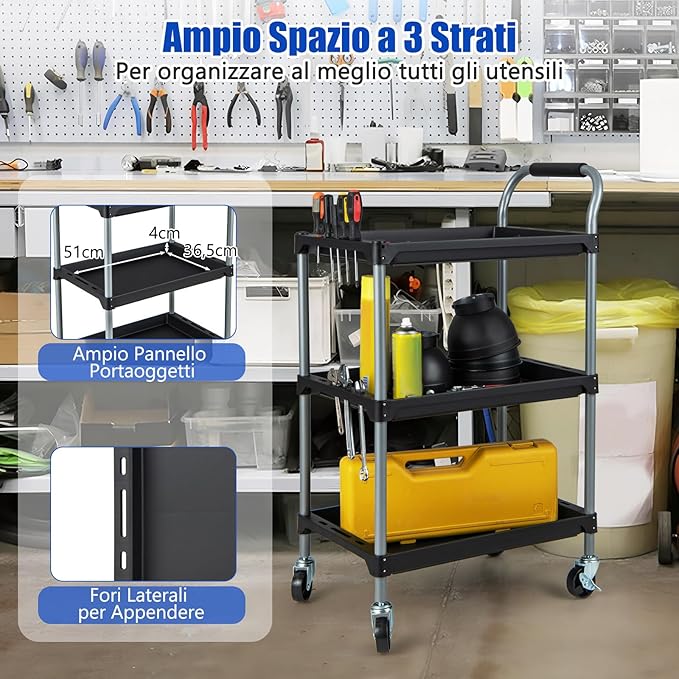 Carrello Utensili a 3 Strati, Carrello Porta Attrezzi con Manico Imbibito e Ruote Universali Bloccabili per Garage, Magazzino, Officina e Cucina, Portata 45 kg, 64 x 40 x 102 cm