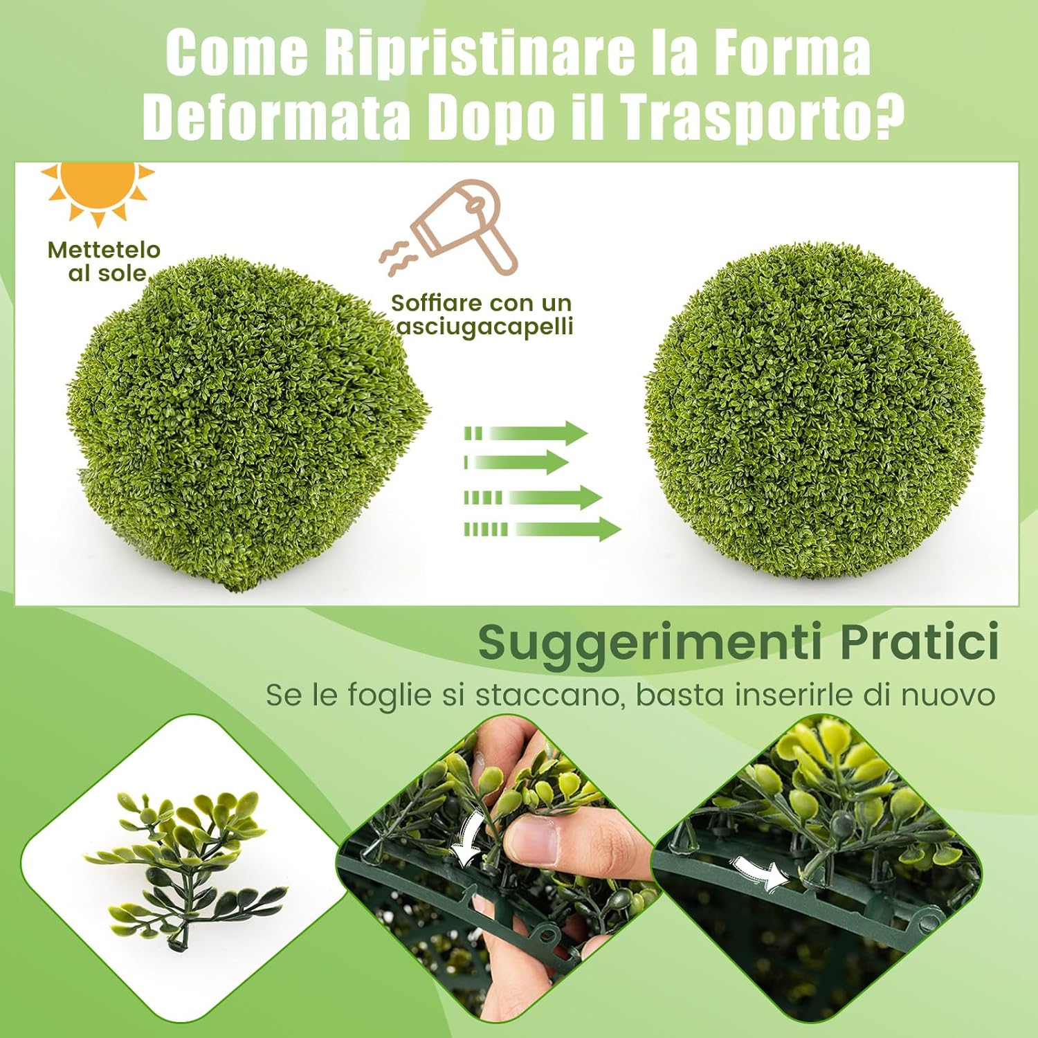 Set di 2 Sfere Topiarie in Bosso Artificiale da 39/50 cm, Sfere Topiarie Protettive dal Sole, Piante Finte Decorative per Giardino, Ingresso, Balcone e Cortile (Diametro 50 cm)