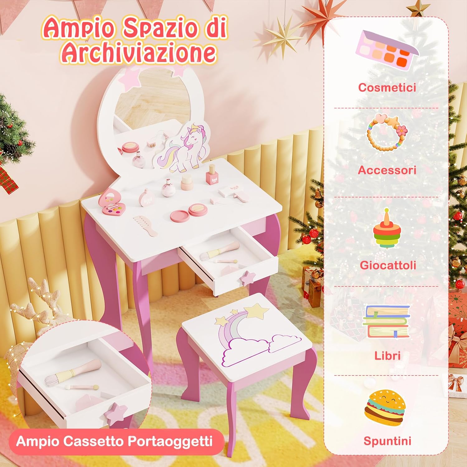 Set Toeletta per Ragazza, Toeletta Trucco per Bambini con Sgabello, Specchio Staccabile e Cassetto, Postazione Trucco in Legno per Cameretta 49.5 x 35.5 x 89cm (Rosa)