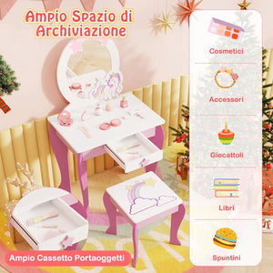 Set Toeletta per Ragazza, Toeletta Trucco per Bambini con Sgabello, Specchio Staccabile e Cassetto, Postazione Trucco in Legno per Cameretta 49.5 x 35.5 x 89cm (Rosa)