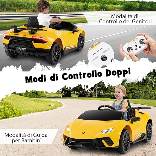 12V Lamborghini Auto Elettrica per Bambini, Macchina Elettrica Cavalcabile con Telecomando, Luci LED Musica e Funzione di Avvio Lento, 3-5 Km/h, per Bambini 3 Anni+ (Giallo)