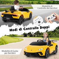 12V Lamborghini Auto Elettrica per Bambini, Macchina Elettrica Cavalcabile con Telecomando, Luci LED Musica e Funzione di Avvio Lento, 3-5 Km/h, per Bambini 3 Anni+ (Giallo)