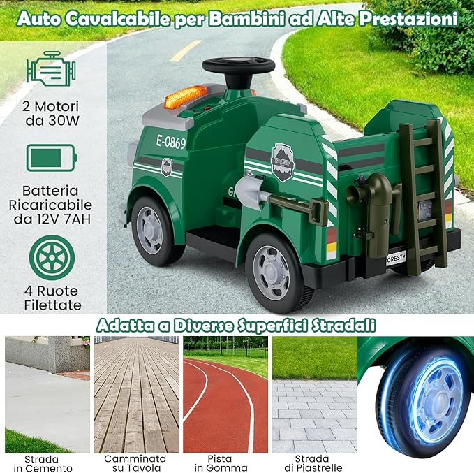 Macchina Elettrico per Bambini 12V, Auto Cavalcabile con Pala, Estintore, Scala, Casco di Sicurezza, 4 Ruote, Sirena e Clacson, Camion Realistico dei Pompieri per Bambini 3-8 Anni (Verde)