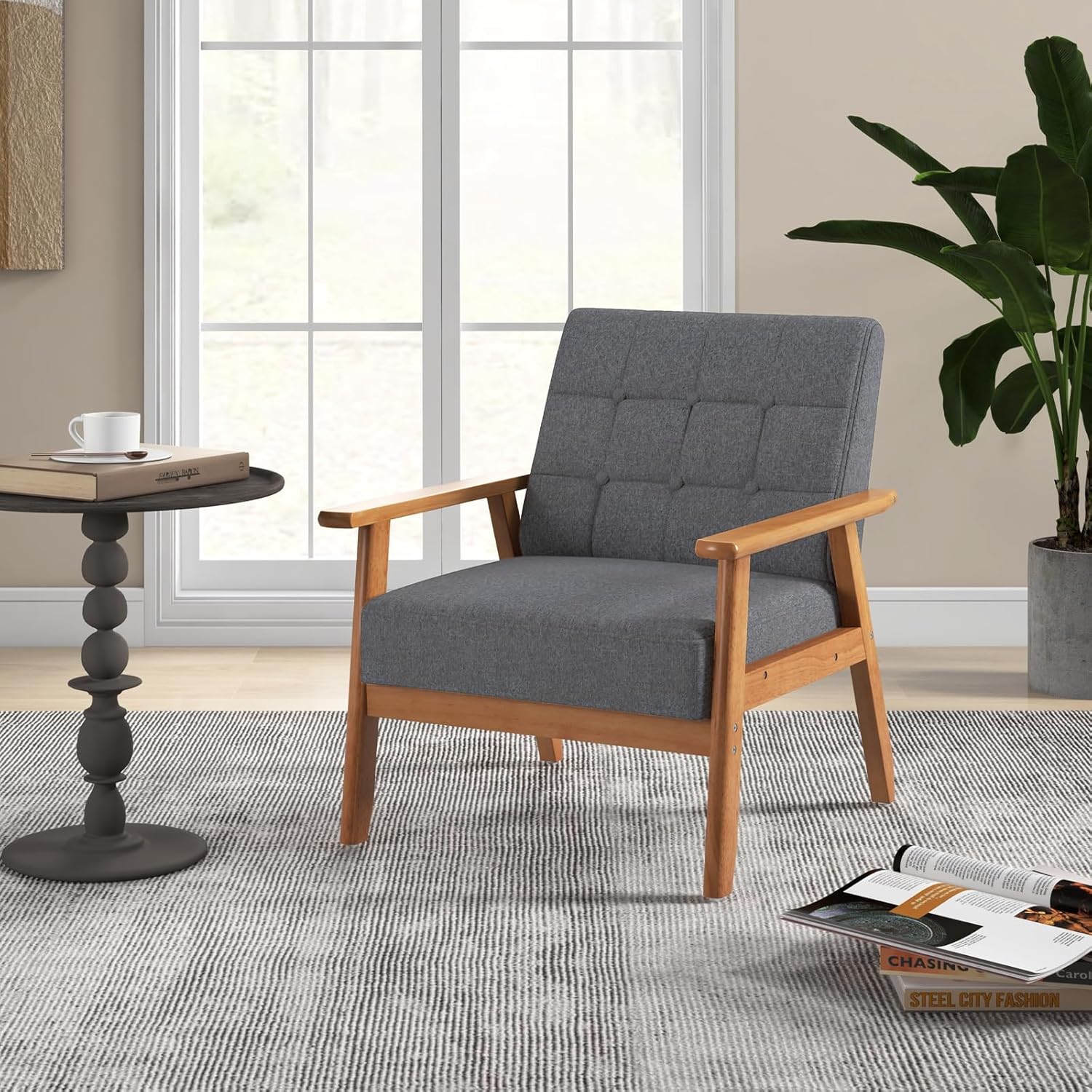 Poltrona Moderna, Sedia con Braccioli Imbottita e Rivestita in Lino Traspirante, Telaio in Legno Massiccio di Gomma, Sedia Divano Imbottita per Soggiorno, Camera da Letto, Studio