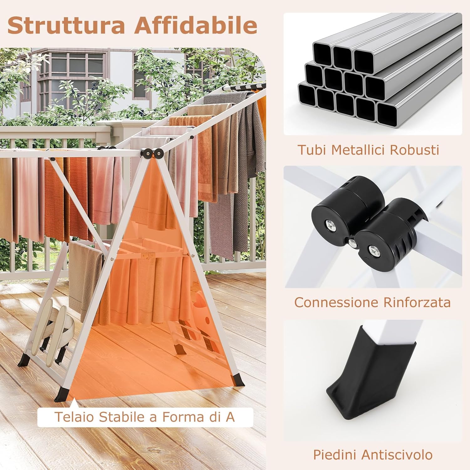 Stendibiancheria con 16 Barra, Stendino Pieghevole in Metallo con Ali Regolabili in Altezza, Clips per Calzini, Supporto per Abbigliamento Autoposante a Ali per Interno Esterno (Bianco)