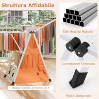 Stendibiancheria con 16 Barra, Stendino Pieghevole in Metallo con Ali Regolabili in Altezza, Clips per Calzini, Supporto per Abbigliamento Autoposante a Ali per Interno Esterno (Bianco)