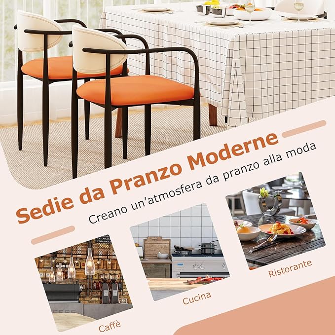 Set di 2 Sedie da Pranzo 54 x 54 x 77 cm, Sedie da Cucina con Sedile Imbottito in Finta Pelle, Schienale e Telaio in Metallo, Poltrone per Soggiorno e Ufficio