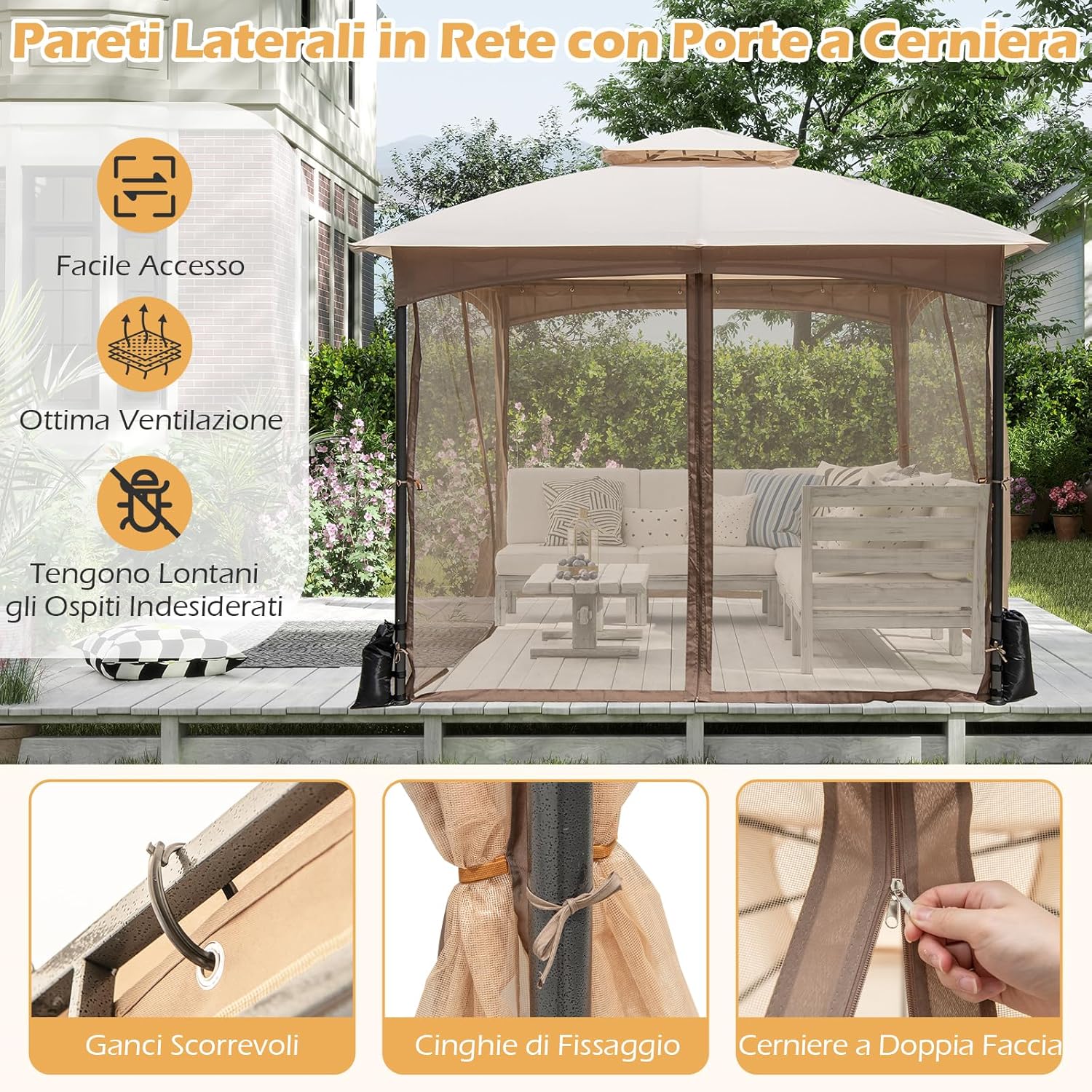 Gazebo da Giardino 3 x 3 m, Gazebo Impermeabile con Rete Mesh Staccabile e Terro Ventilato a Doppio Strato, Tenda Regolabile in Altezza per Feste, BBQ e Picnic (Kaki)