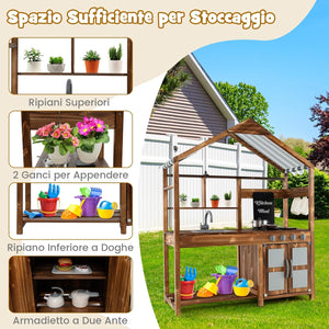 Set da Cucina per Bambini, Cucina da Giardino con Tettoia, Rubinetto Girevole e Lavello Rimovibile, Fornelli e Manopole Realistici, Lavagna, per Bambini 3-7 Anni