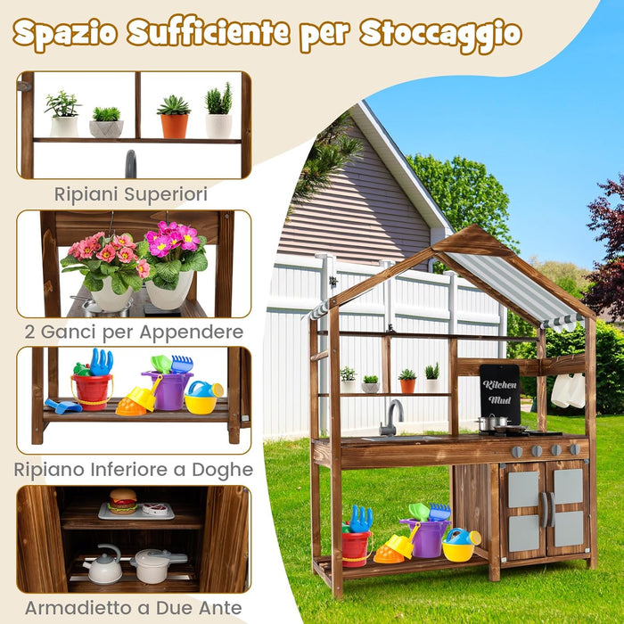 Set da Cucina per Bambini, Cucina da Giardino con Tettoia, Rubinetto Girevole e Lavello Rimovibile, Fornelli e Manopole Realistici, Lavagna, per Bambini 3-7 Anni