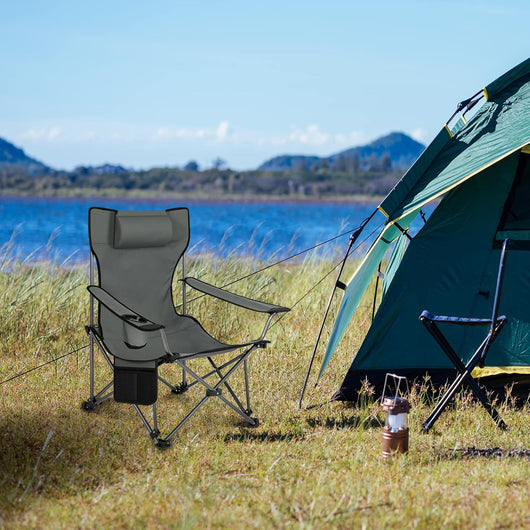 Sedia da Campeggio Portatile Reclinabile, Sedia Pieghevole Esterno con Poggiapiedi, Poggiatesta e Borsa da Trasporto, per Pesca, Giardino, Grigio