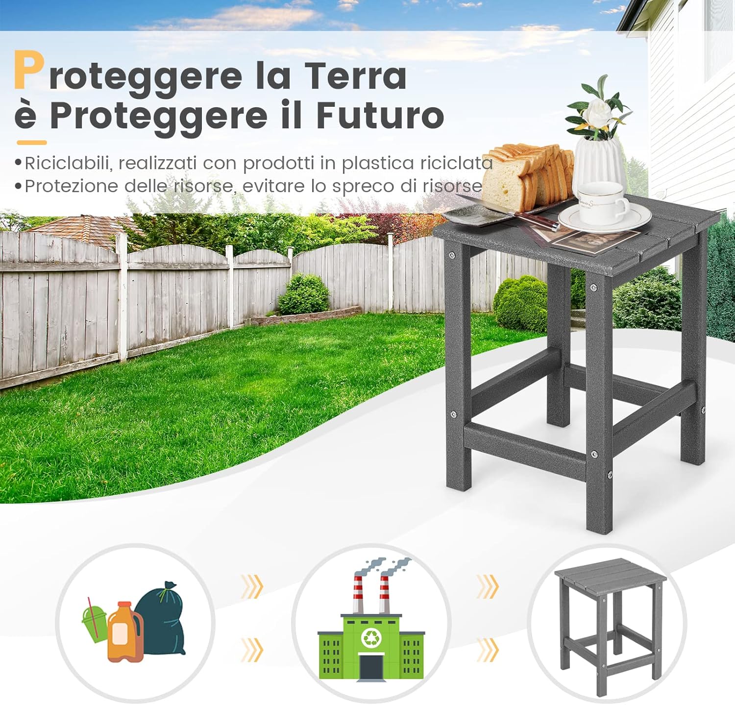 Tavolino da Giardino Quadrato per Esterno, Tavolo Adirondack in HDPE Resistente alle Intemperie, per Interno ed Esterno Patio, Portico, Giardino, Facile Manutenzione (Quadrato, Grigio)
