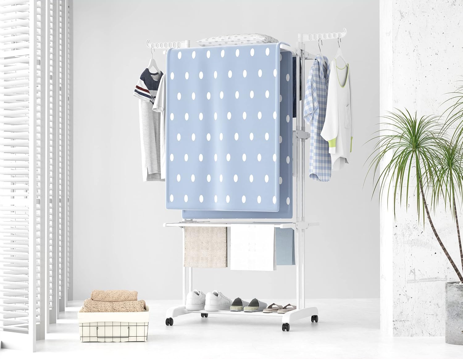 Stendino Verticale Salvaspazio - RATTANTREE - 4 Livelli Stendibiancheria Allungabile con Ruote, Acciaio Inossidabile Stendino da Balcone Esterno, Stendipanni per Interno, Bianca