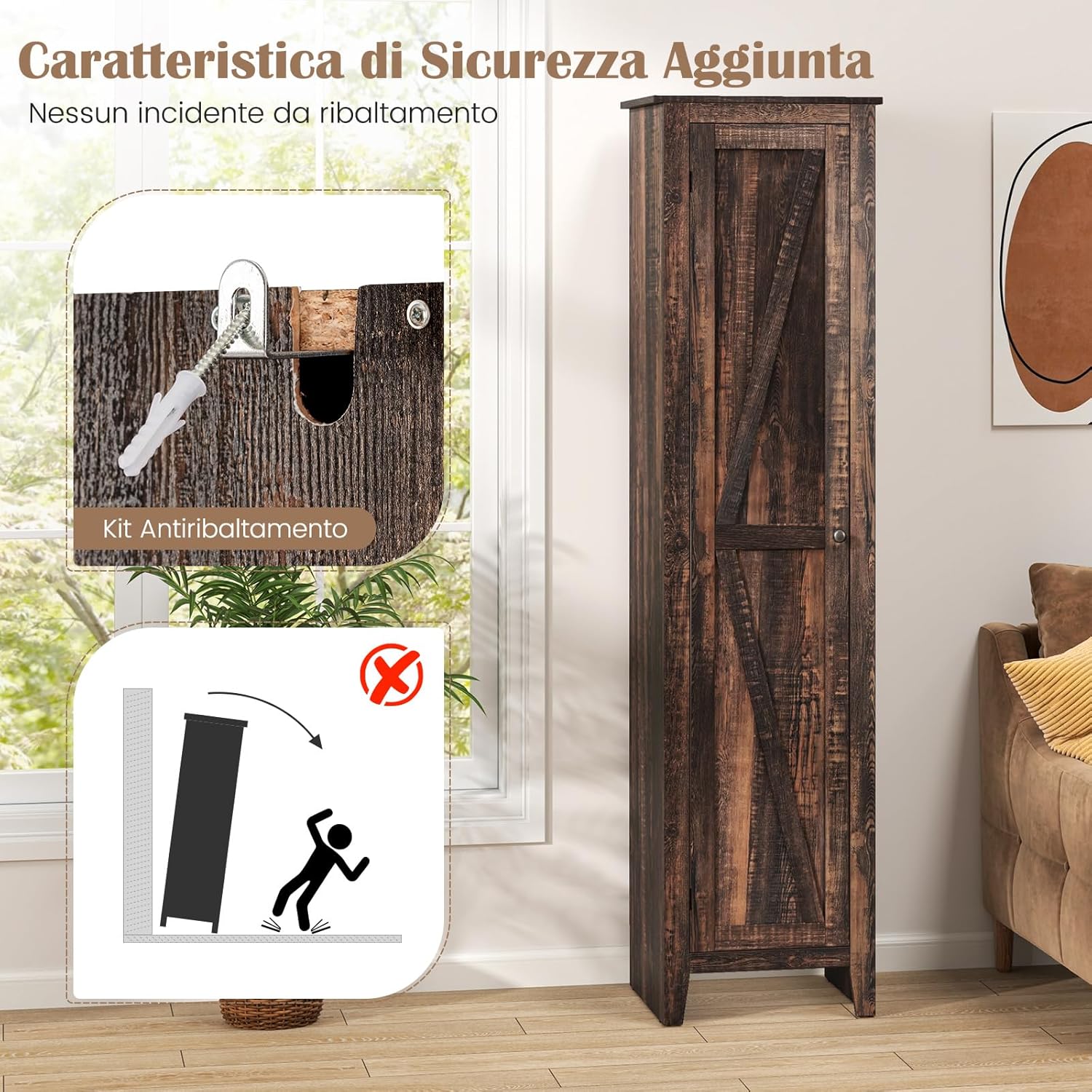 Mobile Bagno 43 x 39,5 x 183 cm, Colonna Bagno con Ante e 4 Ripiani, Armadietto Salvaspazio Alto a Colonna in MDF, per Soggiorno, Cucina e Ufficio (Marrone)