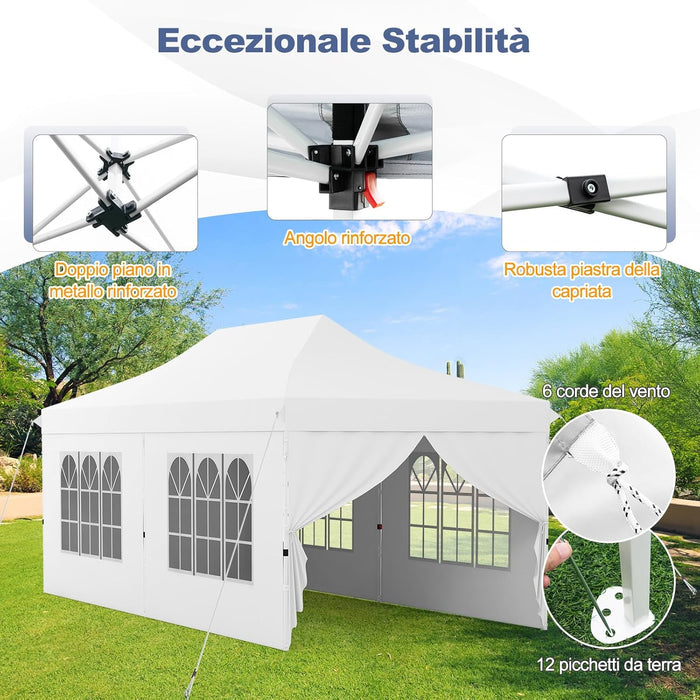 Gazebo da Giardino 3 x 6 m, Tendone per Feste con 6 Pannelli Laterali Rimovibili, con Borsa da Trasporto, Design Pop-up, per Matrimonio Eventi e Barbecue (Bianco)