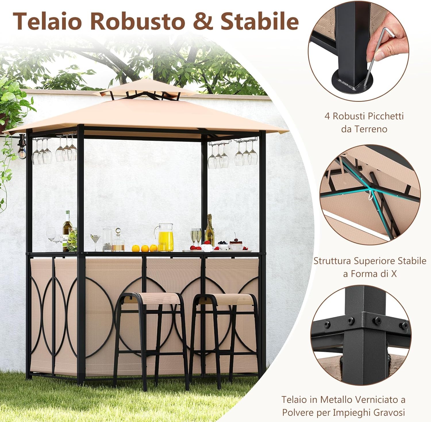 Set Bar da Patio a 3 Pezzi, Gazebo per Griglia e 2 Sgabelli da Bar con Tavolo in Vetro Temperato, Ripiani in Metallo, Portabicchieri, per Giardino Cortile e Spiaggia (Marrone)