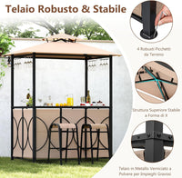Set Bar da Patio a 3 Pezzi, Gazebo per Griglia e 2 Sgabelli da Bar con Tavolo in Vetro Temperato, Ripiani in Metallo, Portabicchieri, per Giardino Cortile e Spiaggia (Marrone)