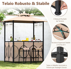 Set Bar da Patio a 3 Pezzi, Gazebo per Griglia e 2 Sgabelli da Bar con Tavolo in Vetro Temperato, Ripiani in Metallo, Portabicchieri, per Giardino Cortile e Spiaggia (Marrone)