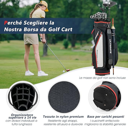 Borsa da Golf Leggera e di Grande Capacità, Sacca da Golf con 14 Divisori, 8 Tasche, Cappuccio Antipioggia, Tracolla, Borsa Termica per Bevande, Ideale per Uomini e Donne (Nero)