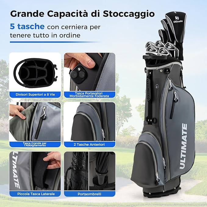 Set da Golf Completo con 9 Mazze, Sacca, Driver 460cc, Set Completo di Mazze da Golf per Uomo