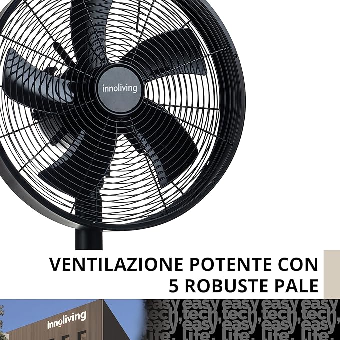 Innoliving Ventilatore Metallo da Tavolo INN-530B, Diametro 35 cm, 3 Velocità, Modalità Oscillazione, Struttura Robusta Metallo Nero, Inclinazione Regolabile 35W