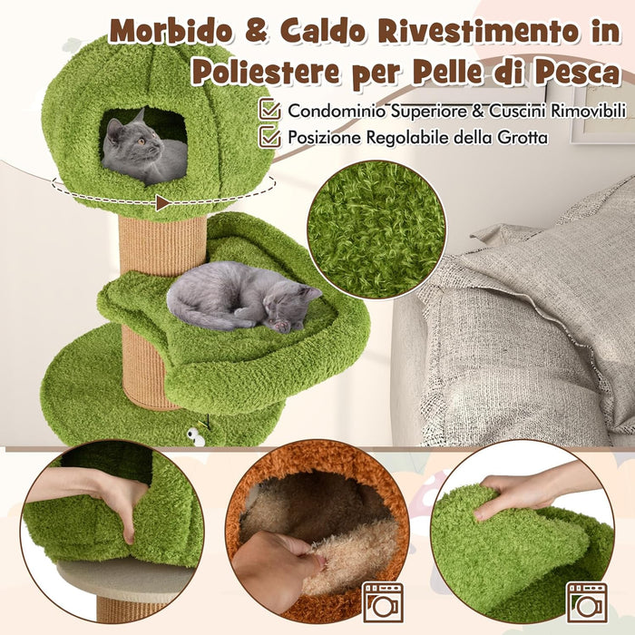 Tiragraffi a Forma di Albero per Gatti 175cm, Albero per Animali Domestici con 2 Casette, Trespolo Peluche, Palline Teaser, Pali in Sisal e Cuscini Rimovibili, Torre Moderno Interno