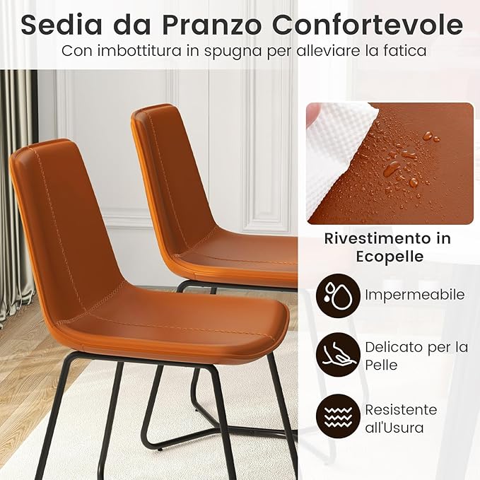 Set di 2 Sedie per Sala Pranzo con Schienale e Seduta Imbottita in Ecopelle, Sedia per Cucina con Gambe in Metallo, Sedia Vintage Comfortevole per Soggiorno, Capacità di 130 kg, Marrone