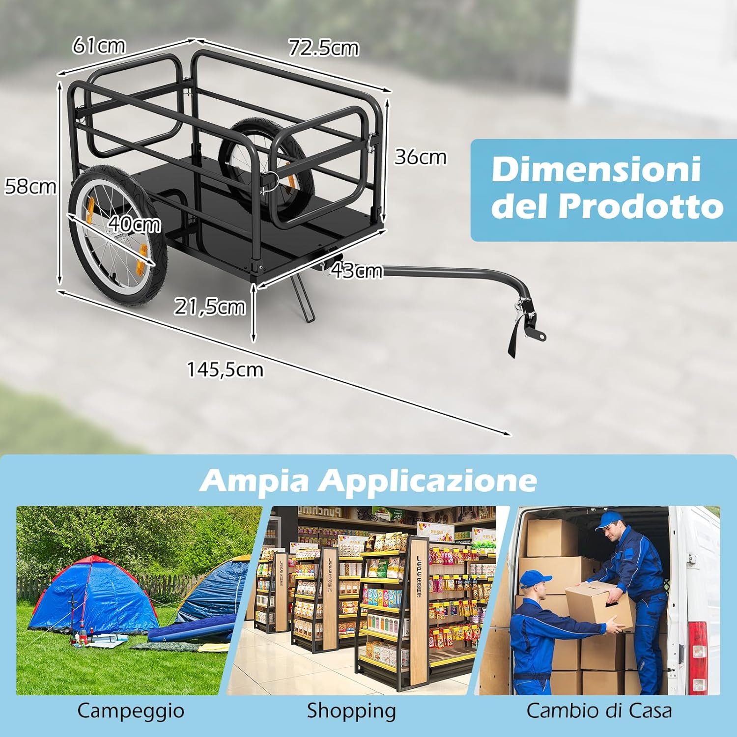Carrello Cargo per Bicicletta Pieghevole, Rimorchio per Bici con Copertura in Tessuto Oxford e Ruote Pneumatiche con Relfettori, Carrello per Bici con Portata di 55 kg, 145,5 x 61 x 58 cm