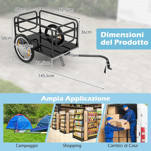 Carrello Cargo per Bicicletta Pieghevole, Rimorchio per Bici con Copertura in Tessuto Oxford e Ruote Pneumatiche con Relfettori, Carrello per Bici con Portata di 55 kg, 145,5 x 61 x 58 cm